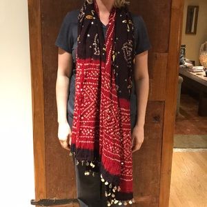 Printed Sari Scarf with Mirror Tassels